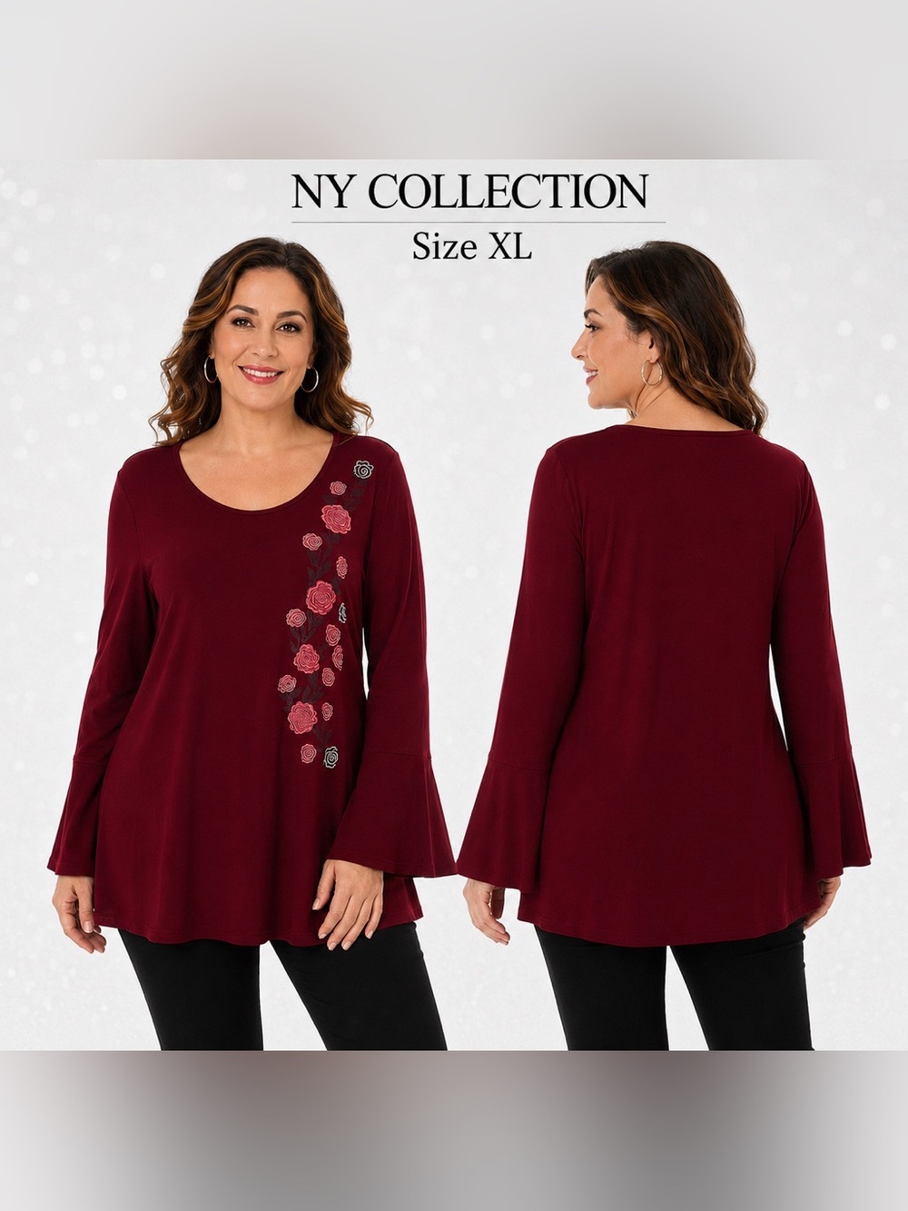 NY COLLECTION beautiful long bell sleeve embroidered blouse size XL